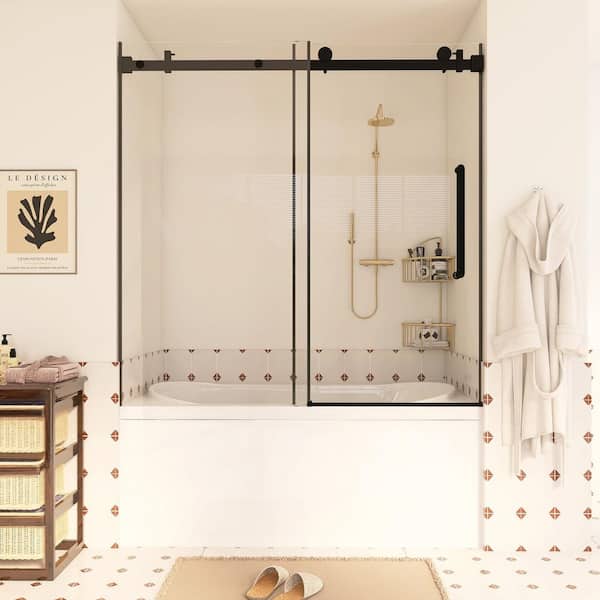 56-60 in. W x 60 in. H Sliding Frameless Tub Shower Door in Matte Black with Clear Tempered Glass