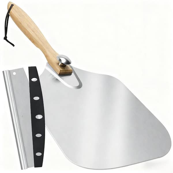 Silver Pizza Peel Set with Rocker Cutter and Storage Bag-Foldable Aluminum Pizza Paddle with Wood Handle