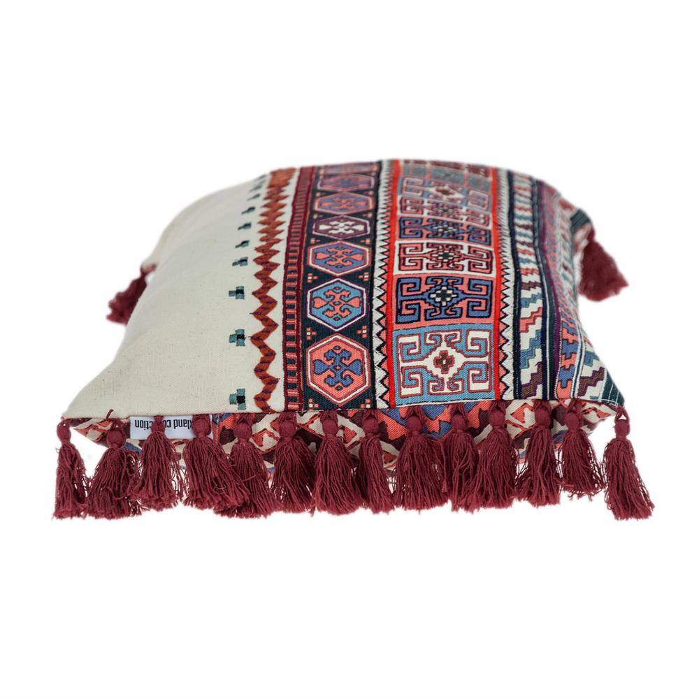 Ethnic Multicolor Cotton Embroidered Lumbar Pillow with Tassels