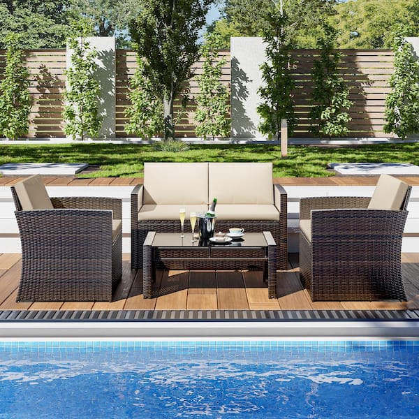 Esunny 4-Piece Outdoor Wicker Patio Conversation Set Furniture Set Chat Set with Beige Cushions