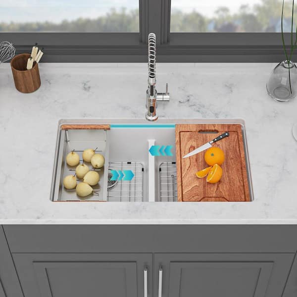 33 in. Undermount Double Bowl (50/50) White Quartz Workstation Kitchen Sink with Bottom Grids