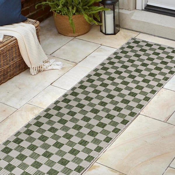 Aimee Green/Cream 2 ft. x 8 ft. Traditional Cottage Checkerboard Indoor/Outdoor Runner Rug
