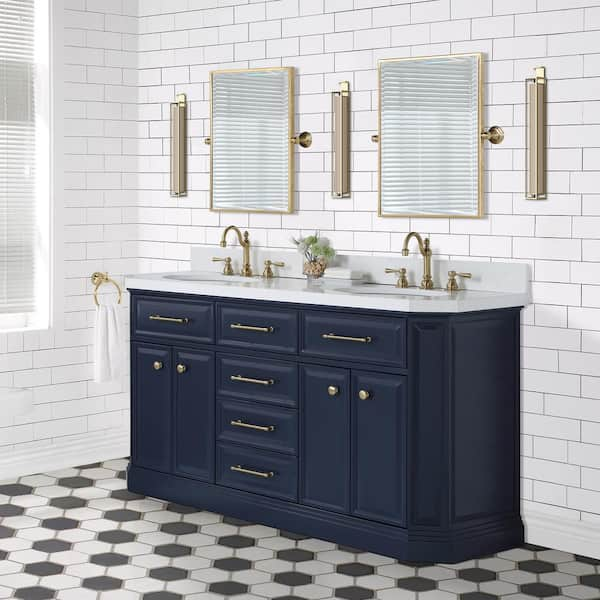 60in Deep Blue And Gold Dual Sink Bathroom Vanity