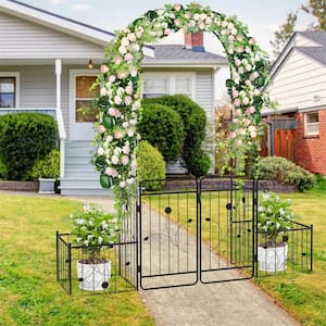 87 in. Metal Garden Arbor Arched Lockable Gate Top Arbor Trellis with Side Planters