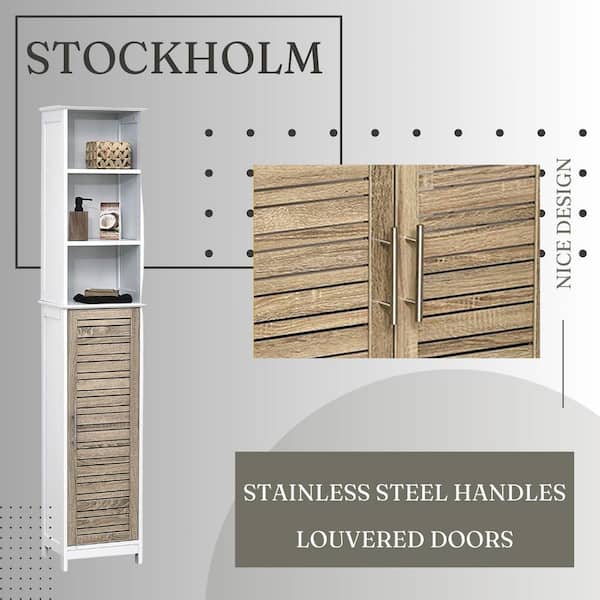 Stockholm Slim Storage Cabinet Oak-Colored - Freestanding 2-Door Linen Tower with 2-Tier Shelf