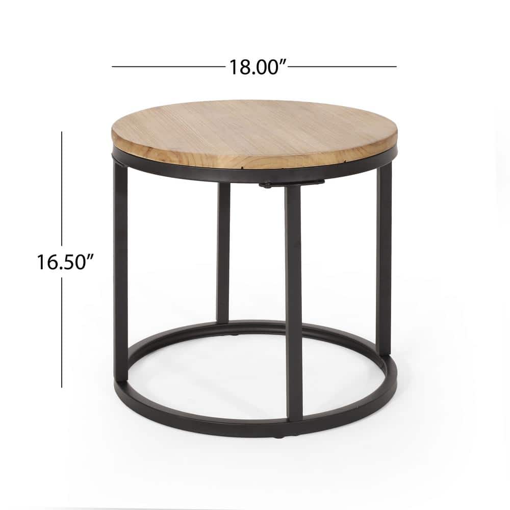 Antique Brown and Black Round Fir Wood and Metal Nesting Coffee Tables Set