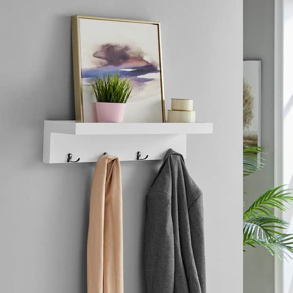 Danya B. 2-Tier Ledge Wall Shelf Organizer with Five Hanging Coat or Towel  Hooks - Entryway or Bathroom - White 