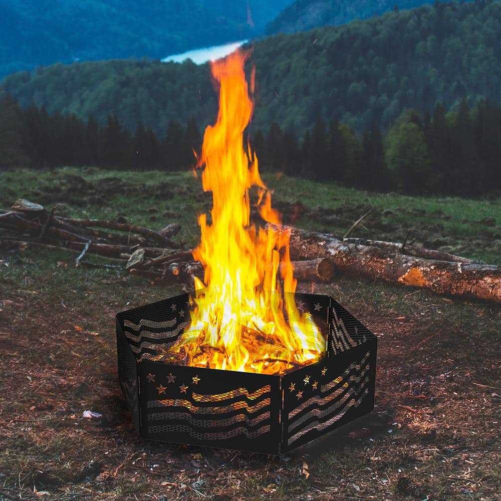 Zion 36" Black Steel Portable Folding Fire Ring with Stars and Stripes