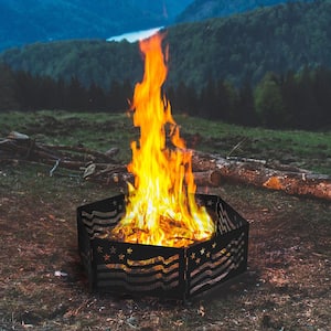 The Zion 36 in. x 12 in. Hexagon Steel Portable Folding Wood Fire Pit Ring with Carrying Bag - Stars and Stripes