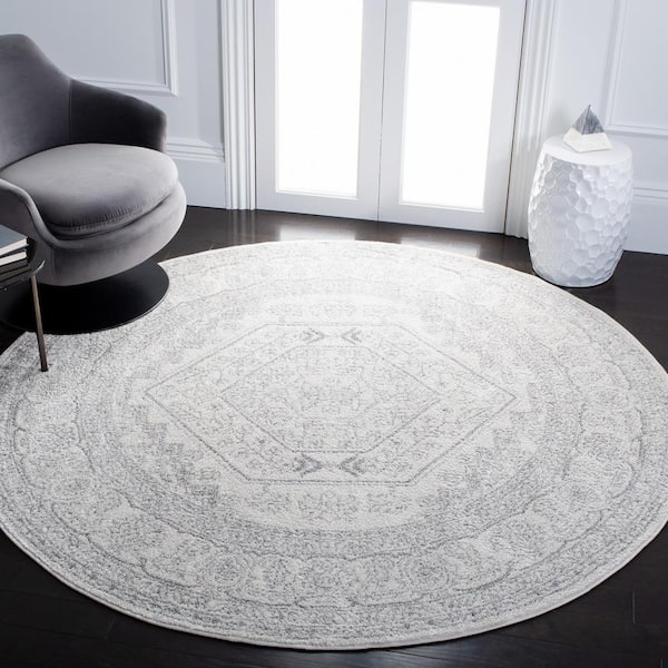 Adirondack Ivory/Silver 11 ft. x 11 ft. Border Medallion Round Area Rug