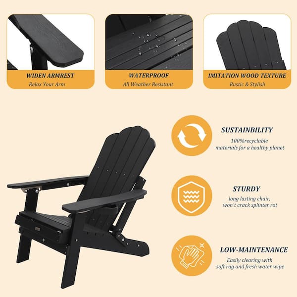Kadehome 1-piece Folding Plastic Outdoor Adirondack Chair in Black