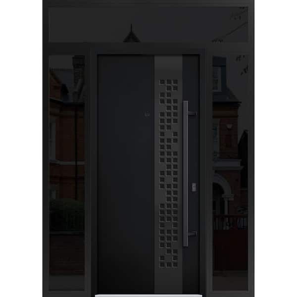 6078 60 in. x 96 in. Left-hand/Inswing 3 Sidelights Black Enamel Steel Prehung Front Door with Hardware