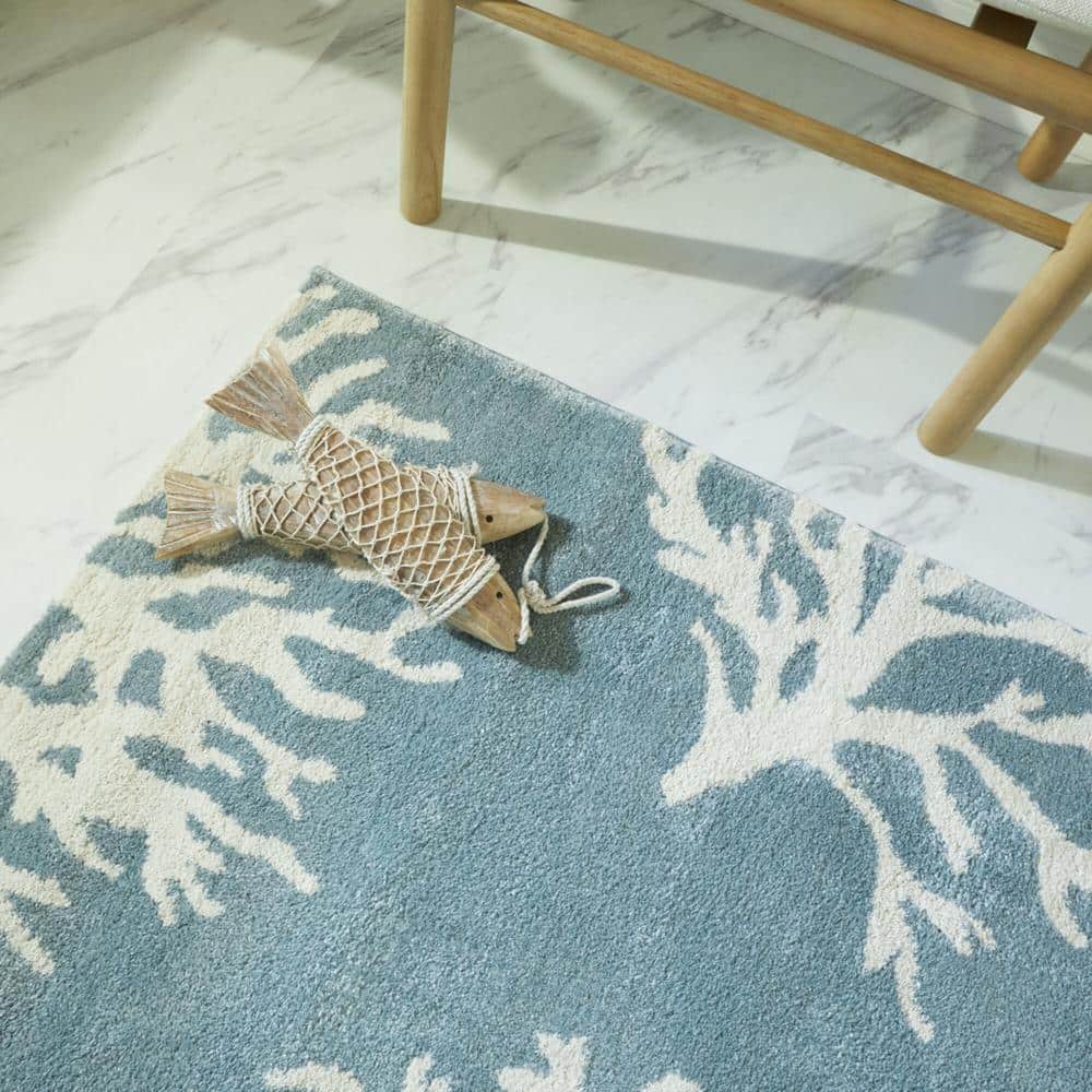 Light Blue and White Coral Print Washable Runner Rug