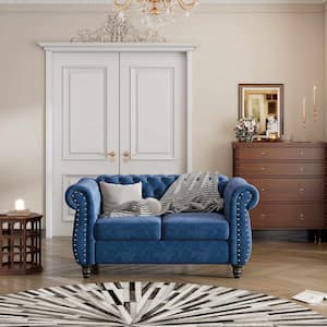 82 in. Square Arm Polyester Rectangle Sofa with Solid Wood Legs and Buttoned Tufted Backrest in Blue