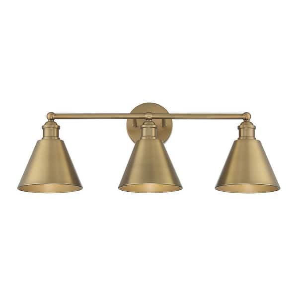 TUXEDO PARK LIGHTING 27 in. W x 10 in. H 3-Light Natural Brass Bathroom Vanity Light with Metal Shades