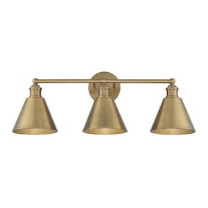 27 in. W x 10 in. H 3-Light Natural Brass Bathroom Vanity Light with Metal Shades