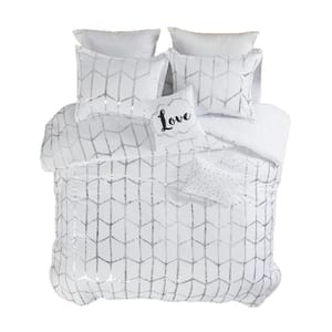 Silver Metallic Full/Queen Size Polyester Printed Comforter Set 1 Comforter, 2 Shams, 1 Square and 1 Oblong Pillow Case