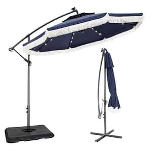 10 ft. Metal Cantilever Solar Patio Umbrella in Navy Blue With Lights Tassel Design and Crossed Base