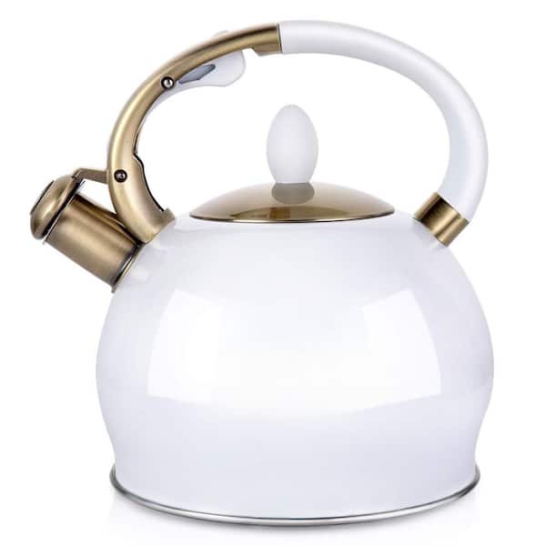 12-Cup 2.64 qt. White Food Grade Stainless Steel Stovetop Whistling Tea Kettle with Cool Touch Ergonomic Handle