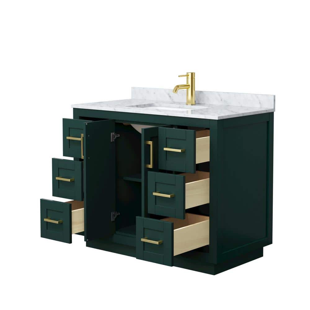 Miranda 42'' Green Single Freestanding Bathroom Vanity with White Carrara Marble Top and Brushed Gold Trim
