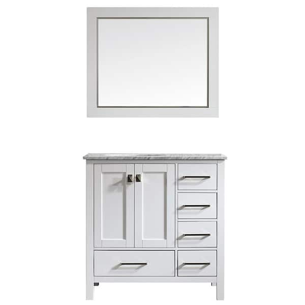 ROSWELL Gela 36 in. W x 22 in. D x 35 in. H Vanity In White with Marble Vanity Top in White with Basin and Mirror