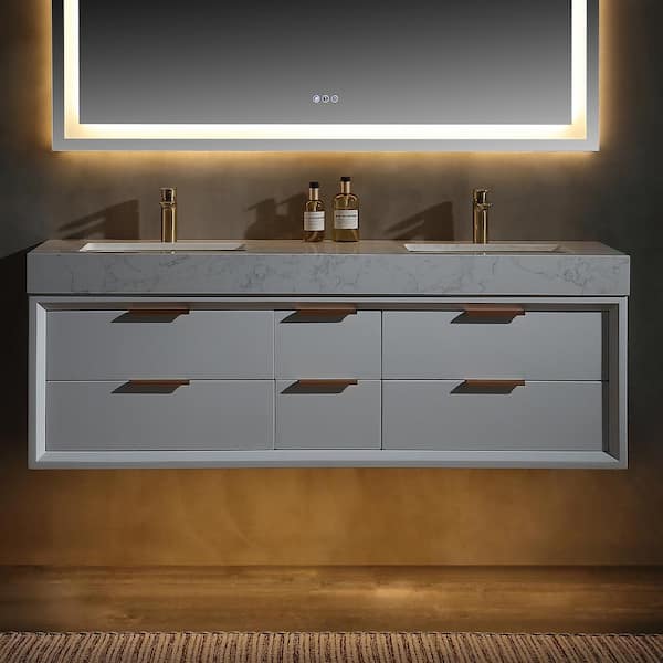 ExBrite Solidoak 60 in. W x 20.9 in. D x 21.3 in. H Double Sink Bath Vanity in White with White Cultured Marble Top, night light