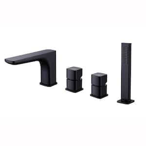 2-Handle Deck-Mount Roman Tub Faucet with Hand Shower Modern 4-Holes Brass Tub Filler in Matte Black