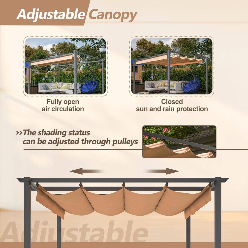Khaki Aluminum Patio Pergola with Retractable Canopy