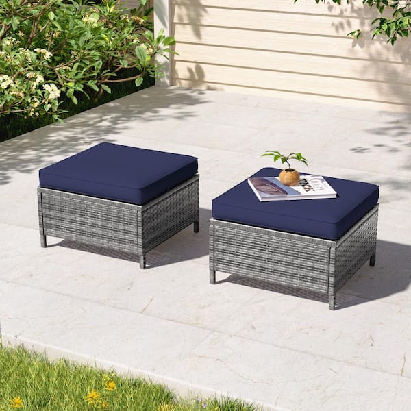 2-Piece Steel Frame Gray Wicker Outdoor Ottoman with Navy Blue Cushions