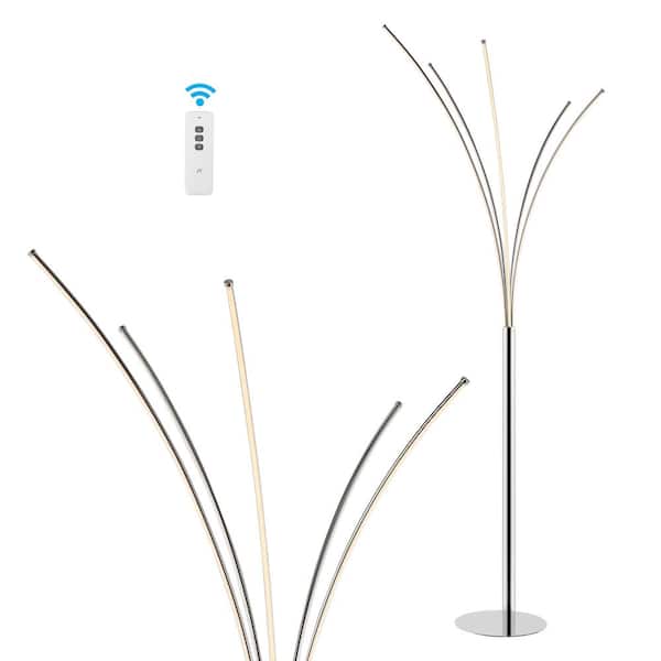 Fuochi 71 in. Chrome Modern Metal 5-Branch 1-Light Arc Dimmable Integrated LED Standard Floor Lamp with Remote Control