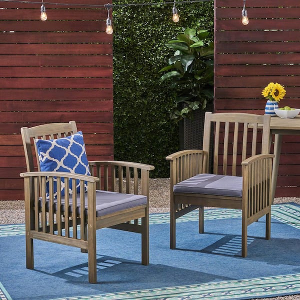 Coporesell Dark Grey Acacia Wood Outdoor Dining Chair with Grey Cushions (2-Pack)
