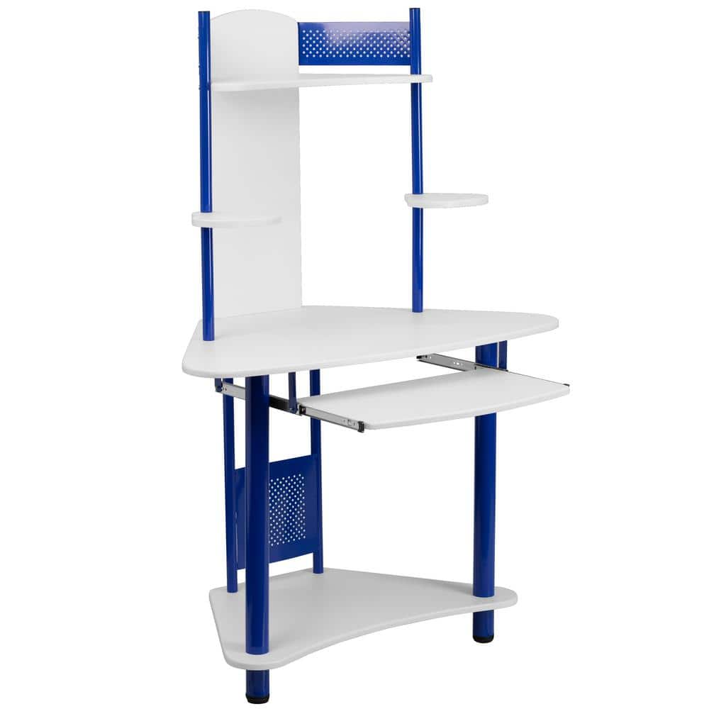 Compact Blue and White Corner Computer Desk with Integrated Hutch