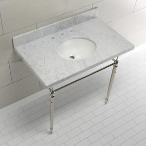 Edwardian 36 in. Console Sink with Brass Legs (8 in., 3 Hole) in Marble White and Polished Nickel