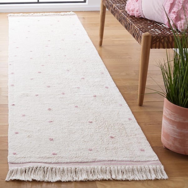 Easy Care Ivory/Pink 2 ft. x 9 ft. Machine Washable Machine Washable Polka Dot Border Solid Color Runner Rug