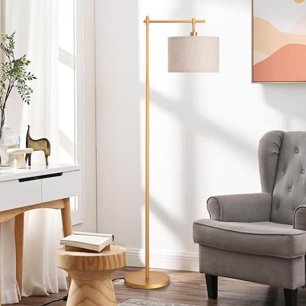 63 in. Gold 1-Light Arched Floor Lamp for Living Room with Fabric Drum Shade
