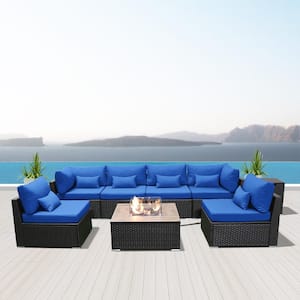 8-Piece Wicker Outdoor Patio Conversation Set with Propane Fire Pit Table(Royal Blue-Square Table)