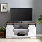 58 in. White and Rustic Oak Composite TV Stand 64 in. with Doors