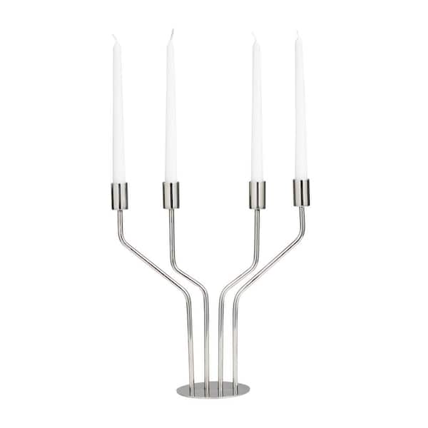 Novogratz 13 in. Silver Stainless Steel Abstract Angled Geometric Candelabra with Round Base