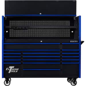 DX Series 72 in. Professional Hutch and 17-Drawer Roller Cabinet Combo, 100 lbs. Slides, Black with Blue Drawer Pulls