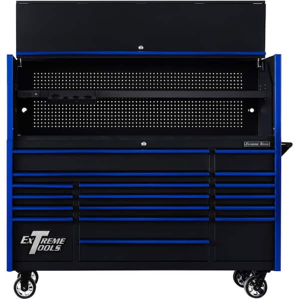 Extreme Tools DX Series 72 in. Professional Hutch and 17-Drawer Roller Cabinet Combo, 100 lbs. Slides, Black with Blue Drawer Pulls