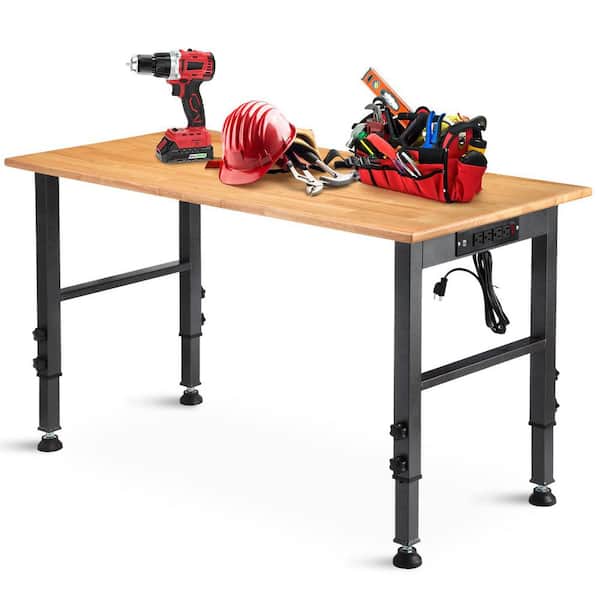 48 in. W x 24 in. D Heavy-Duty Capacity Adjustable Workbench Work Table Hardwood Top with Integrated Power Outlet