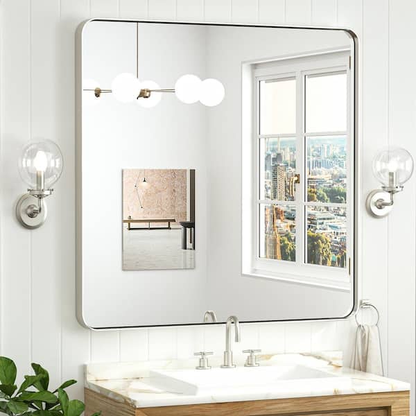 KeonJinn 36 in. W x 36 in. H Modern Rectangular Brushed Nickel Aluminum Framed Wall Bathroom Vanity Mirror