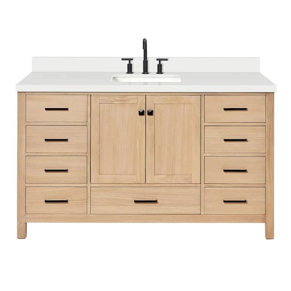 Cambridge 60 in. Single Sink Freestanding Bathroom Vanity in Oak with Pure White Quartz Top