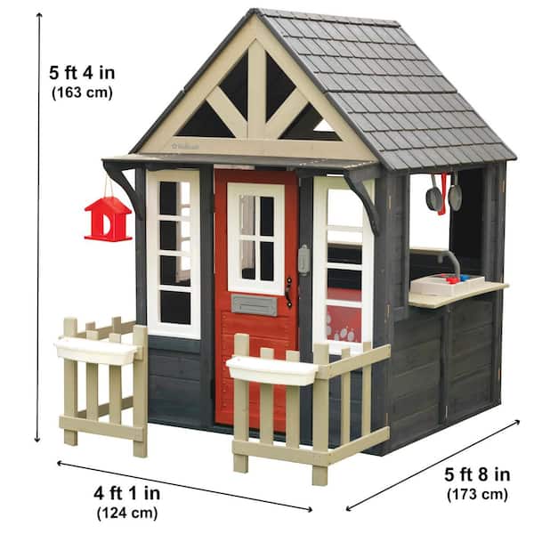 Riverscape Outdoor Wooden Playhouse with Working Doorbell, Fence, Kitchen, and Pet Door-Navy