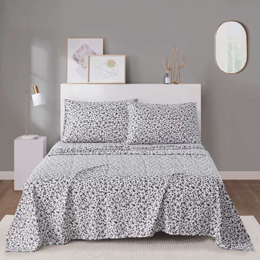 Twin Black Floral Microfiber Sheet Set