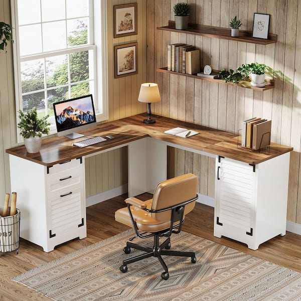 59 in. L Shaped White Wood 3-Drawer Computer Desk with Storage， L Shaped Computer Desk with Charging Station