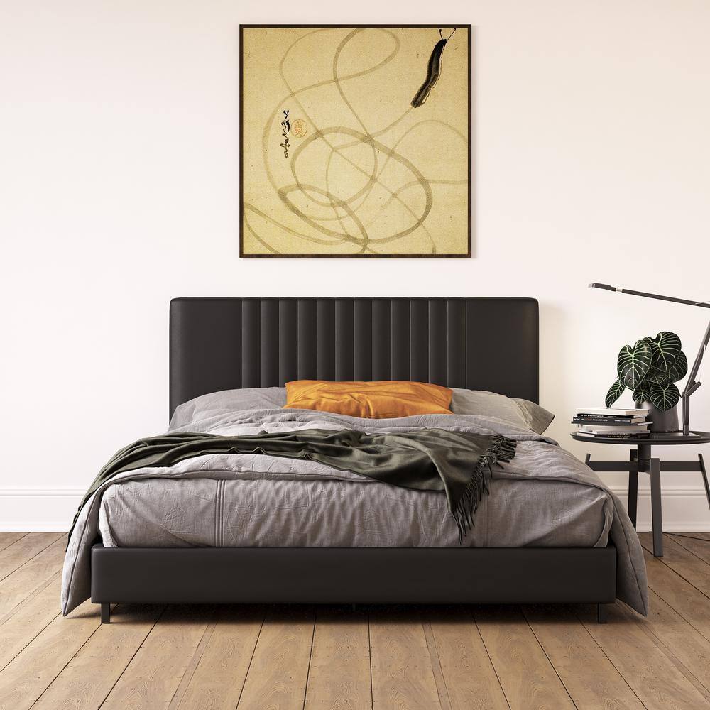 Full Black Faux Leather Upholstered Platform Bed with Tufted Headboard