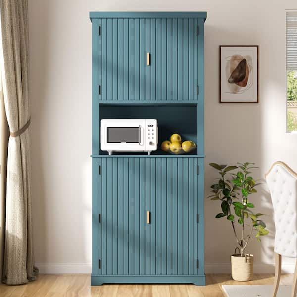 30.7 in. W Blue MDF Kitchen Buffet Pantry Storage Cabinet with Adjustable Shelf and Microwave Stand