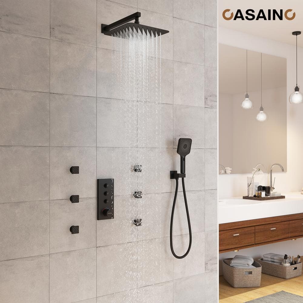 Matte Black 12-Inch Wall Mount Shower System with 6 Body Jets
