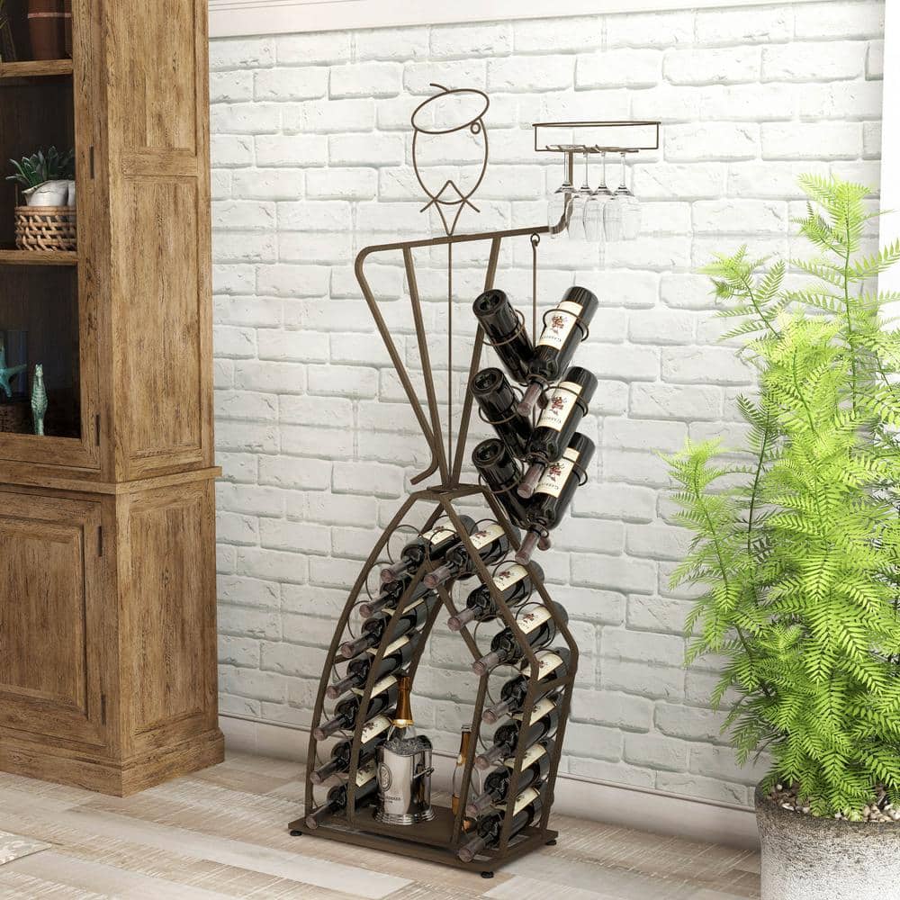 Freestanding Unique Design Wine Bakers Rack with Storage Bottle, Wine Storage Home Bar for Liquor and Wine, Brown